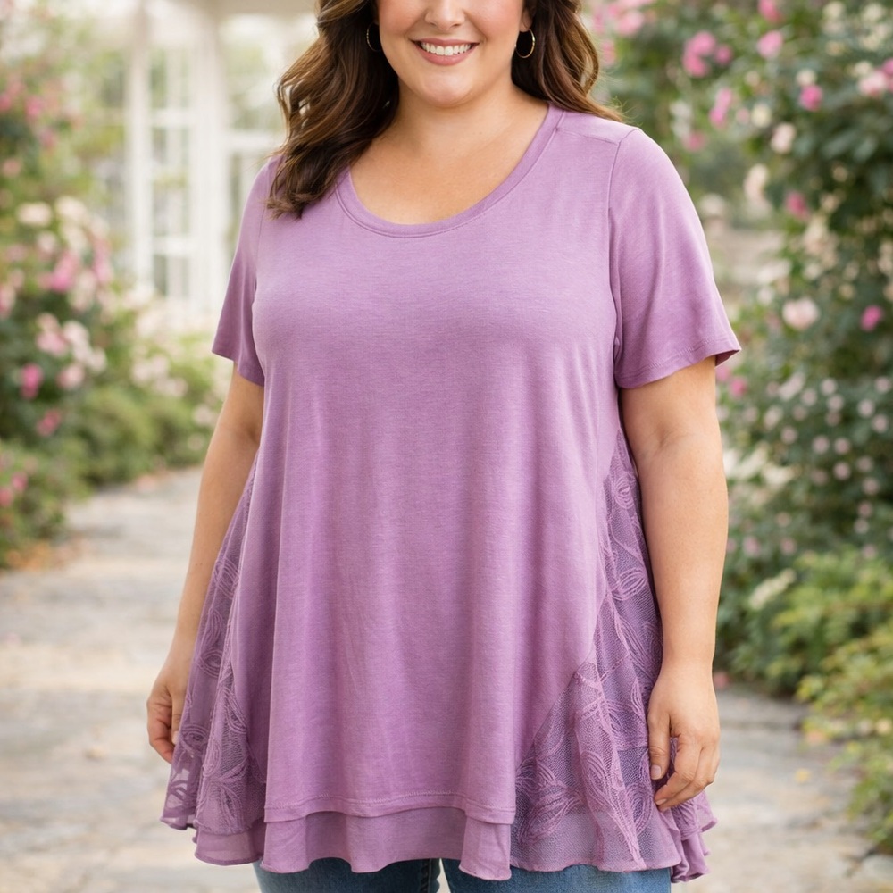 LOGO by Lori Goldstein Lavender Tunic Top 1X Lace Hem Flowy Boho Layered Blouse